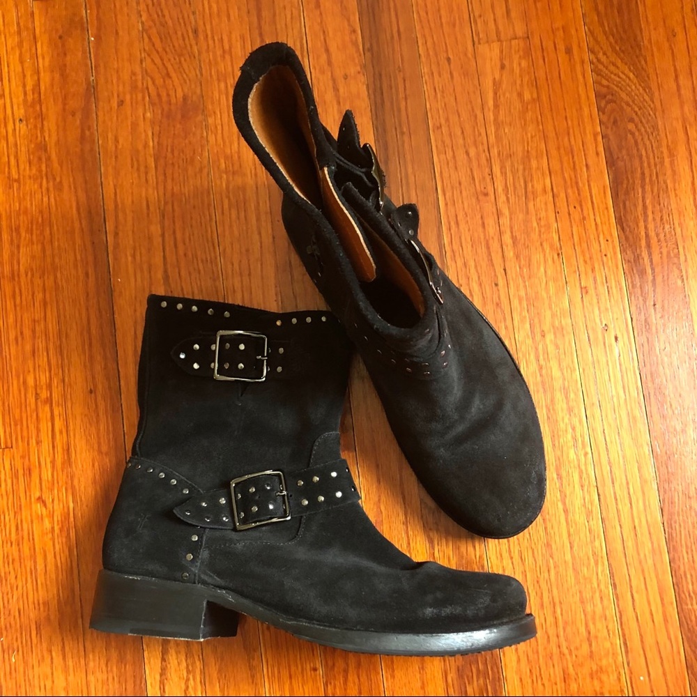 FRYE Vicky Stud Engineer Black Suede Short Boots 8